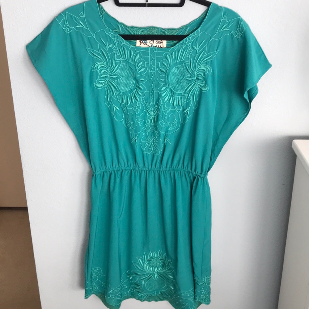 Blue-green embroidered dress